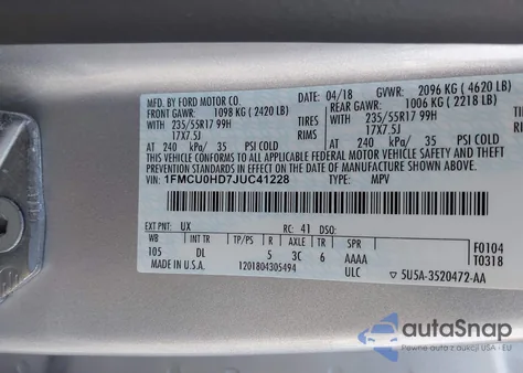 2018 Ford Escape Sel z USA, uszkodzony, nr VIN 1FMCU0HD7JUC41228